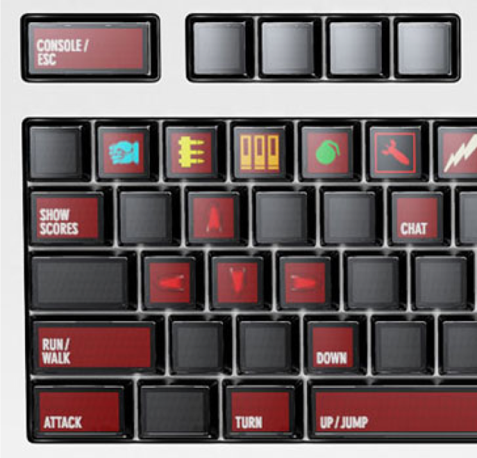 :img Picture of OLED keyboard with labels on keys for gaming instead of typing, 50%