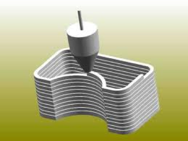 :img Picture of a partly printed model with clear layers and the print head laying down material on the top layer
