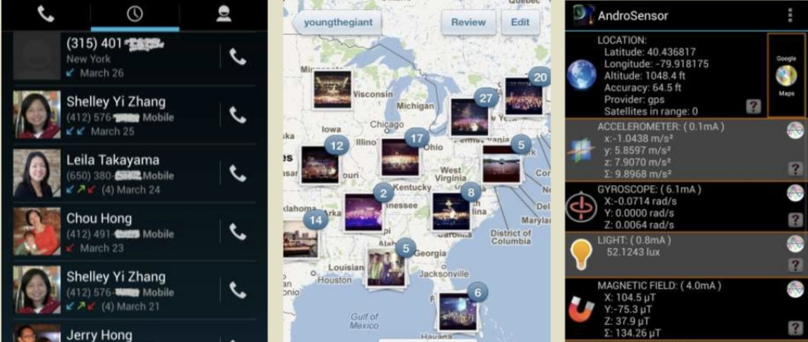 :img Picture of smart phone screens with phone numbers; map; and sensor data, 100%